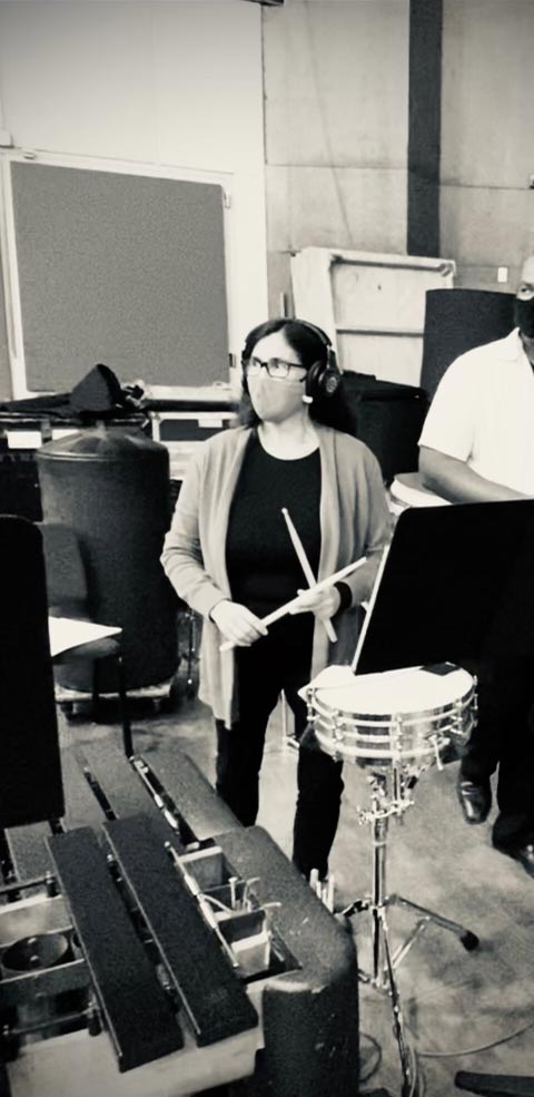 Germaine recording snare for Encanto at the Fox Scoring Stage. September 2021.