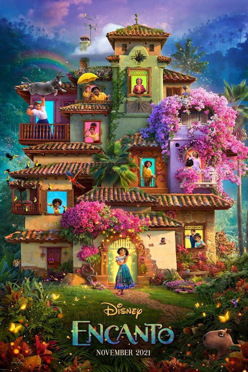 Encanto (2021) — Disney animated film poster featuring the Madrigal family casita and magical characters, original score by Germaine Franco